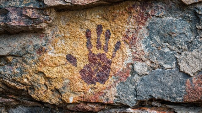 A vibrant handprint adorns a rugged rock wall showcasing ancient artistry from past civilizations.