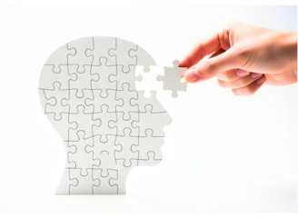 Hand placing last puzzle piece into head silhouette isolated on transparent background