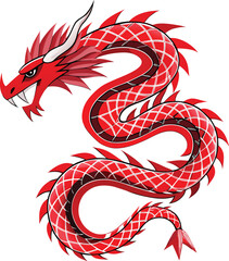 Lunar Geometric Modernism, stylized red dragon in dynamic pose with geometric fluidity