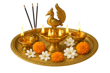 Beautifully Decorated Traditional Indian Pooja Thali with Essential Items for Hindu Rituals: Brass Diya, Flowers, Kumkum, and Akshat Grains, Captured in a Vibrant Flat Lay.