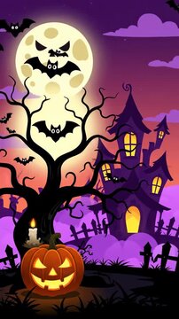 Cartoon Halloween Night Background - A vertical cartoon Halloween background featuring a haunted house, bats flying around a full moon, a spooky tree, and a jack-o'-lantern.