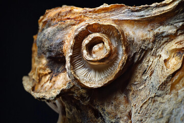 A close-up of a decaying mushroom curling at the edges