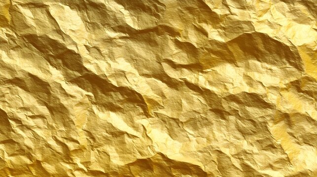 Shiny yellow gold foil texture with crumpled surface for creative design and artistic projects