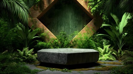 Stone podium in a lush green jungle setting product background AI Generated