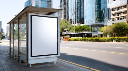 Vertical blank white billboard at bus stop in modern urban cityscape with copy space