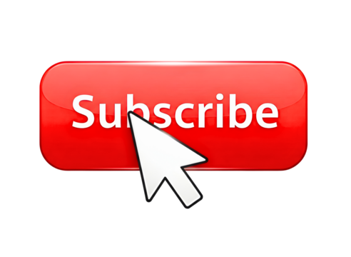 Red subscribe button with cursor isolated on transparent background