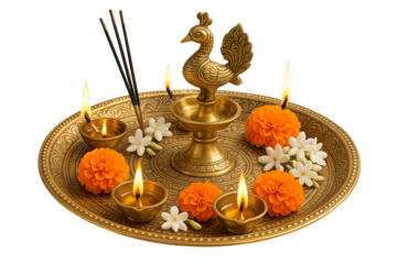 Authentic Indian Festival Celebration: Close-up of an Ornate Brass Pooja Thali Arrangement for Diwali, Karva Chauth, and Ganesh Chaturthi Rites
