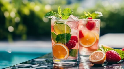 Refreshing summer drink with lemon, lime, strawberry, mint and ice cubes in a clear glass by the pool. A bright, rich composition with natural light creates an atmosphere of relaxation, freshness