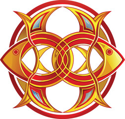 Lunar Geometric Modernism, red angular geometric pattern with gold accents in diamond form