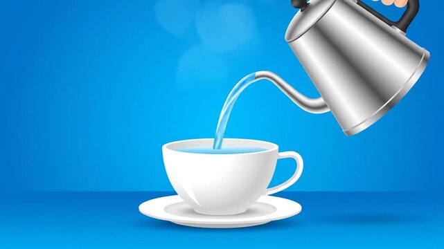 Kettle pouring water into cup on blue backdrop vector illustration