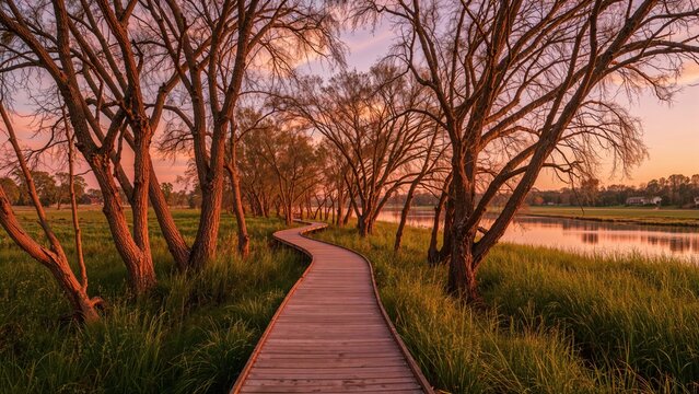 Sunset over the Cosumnes River Preserve in Galt, California, featuring a golden hour wooden hiking path through wetlands.