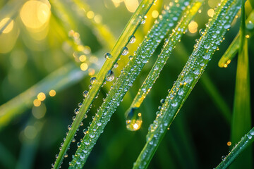 A close-up of dewdrops acting as prisms, splitting light into colors