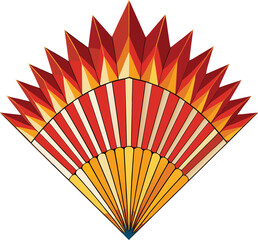 Lunar Geometric Modernism, red geometric fan with radiating gold pattern in sunburst design