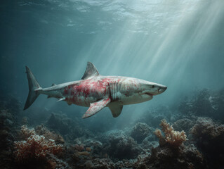 Menacing Shark Submerged: Great White Shark in Dark Blue Water.