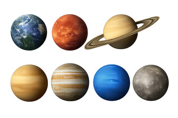 Seven solar system planets: Earth, Mars, Jupiter, Saturn, Venus, Neptune, Mercury. High-detail astronomical visualization showcasing unique colors, textures, and ethereal glows, ideal for educational