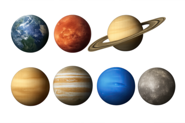 Seven solar system planets: Earth, Mars, Jupiter, Saturn, Venus, Neptune, Mercury. High-detail astronomical visualization showcasing unique colors, textures, and ethereal glows, ideal for educational