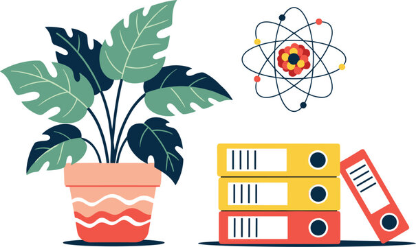 Educational Science Classroom Setting with Potted Monstera Plant, Atomic Model, and Office Files for Learning Materials and School Presentations, Ideal for Training and Development Programs (200 chars