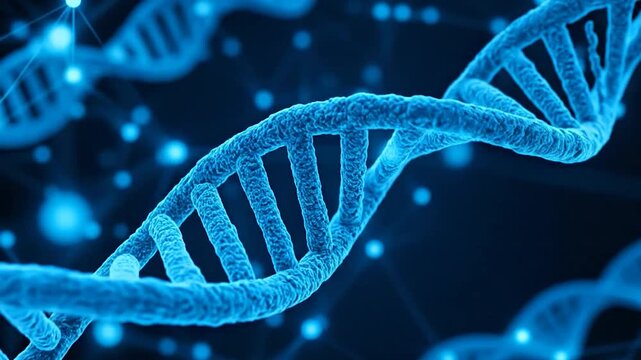 Abstract blue dna double helix structure with glowing nodes and connecting lines on a dark background