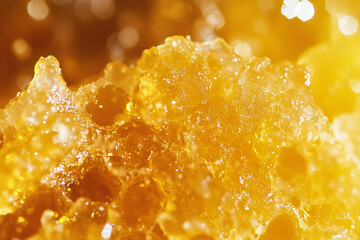 A close-up of golden honey glistening inside a honeycomb