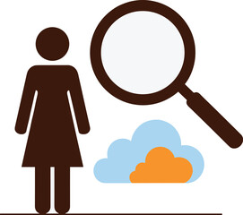 Woman Icon Inspecting Cloud Computing Data for Cybersecurity & Online Privacy, Conceptual Illustration for IT Solutions, Modern Technology, Website Graphics & User Persona Research (Brown & Blue Silho