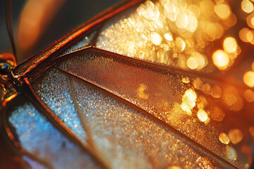 A close-up of shimmering golden dust on butterfly wings