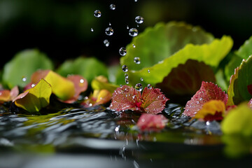 A close-up of water droplets clinging to submerged plants