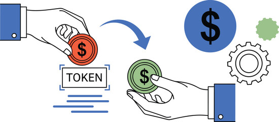 Token Exchange Illustration: Hands Transferring Cryptocurrency for Investment, Digital Assets, Blockchain Technology in a Modern Financial Transaction for Business Presentations, Web Design, Marketing