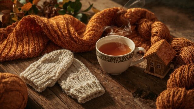 Cozy atmosphere. Hot tea, mittens, knitted scarf, toy house and knitting yarn create a cozy autumn mood.