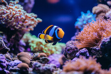 A clownfish swimming among coral polyps as they capture food