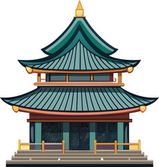 Lunar Geometric Modernism, teal asian pagoda with traditional tiered architectural design