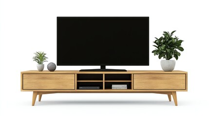 a TV on minimalist wooden stand clipart, modern living room setup, photorealistic balance and tone, isolated on white background