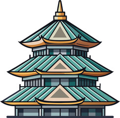 Lunar Geometric Modernism, teal pagoda temple with geometric tiered architectural structure