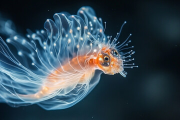 A coral polyp's tiny, translucent tentacles swaying in ocean currents