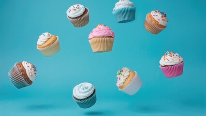 Birthday and party cupcakes that are to die for, featuring various colors like pink, white, and blue, are flying against a blue backdrop.
