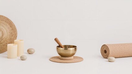 Singing bowl with candles and natural decor elements. Spa and relaxation, calming and wellness. The concept of mindfulness and meditation tools.