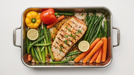 Vegetables And Fish In Baking Pan with fresh bell peppers, lemon slices, green beans, carrots, and a cooked fish fillet.