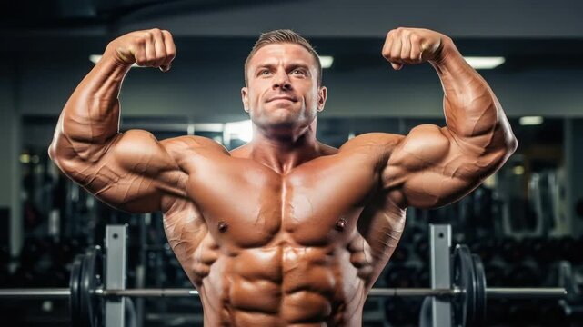Muscular bodybuilder flexing biceps and chest muscles in gym.