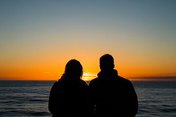 A couple watching the sunset, their silhouettes blending with the horizon