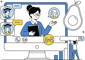 Online Education Concept: Teacher Conducting a Virtual Classroom Lesson with Students via Video Conference on a Computer, Modern E-learning, Digital Learning, Education Platform, Technology, Presentat