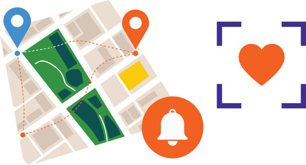 Modern City Map Planning with Location Pins and Notification Bell for Urban Exploration and Discovery, Featuring a Heart Icon for Favorite Places, Ideal for Travel and Tourism Apps, and Digital Market