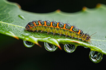 Naklejka premium A caterpillar crawling under a leaf, its details magnified by a dewdrop