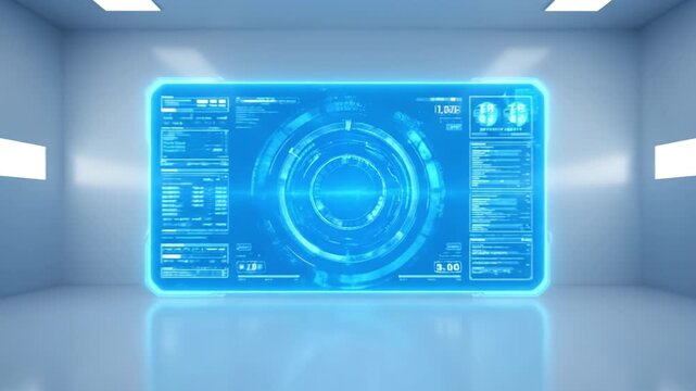 Futuristic digital interface showcases high tech design in modern, minimalistic room with glowing blue elements, creating ideal atmosphere for technology and sci fi enthusiasts