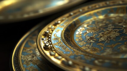 Obraz premium An Elegant Gold and Blue Ceramic Plate with Detailed Design