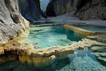 A crystal-clear spring flowing into a series of natural pools in a canyon
