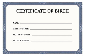 Generic Birth Certificate Form, Editable Mockup with Classic Guilloche Frame and Empty Fields, Clean Background