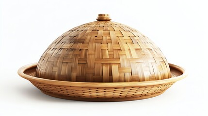 a woven bamboo food cover dome with Thai ceramic set underneath, rural dining tradition, photorealistic materials, isolated on white background