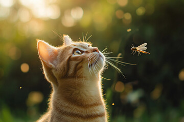 A curious cat playfully swatting at a firefly as it hovers nearby  