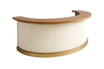 Modern Curved Reception Desk — Wood Veneer Counter with Cream Panels, Semi‑Circular Front Office Furniture Isolated