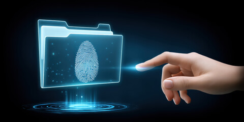 Digital folder with fingerprint and hand touch data security and access control glowing hologram interface evokes protection and trust