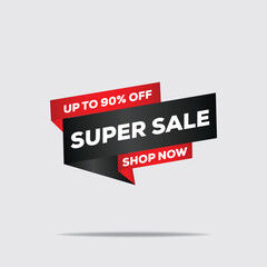 Super Sale Banner Vector – 90% Off Editable Web Design – Black, Red & White Abstract